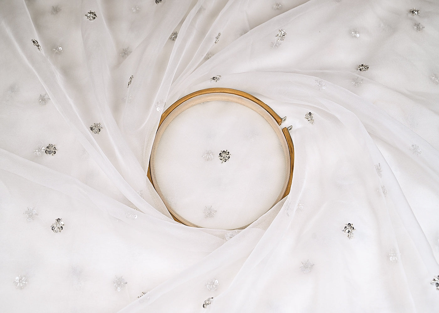 White Organza Fabric With Allover Buti Of Silver Katdana, Bead And Sequins Work 21105