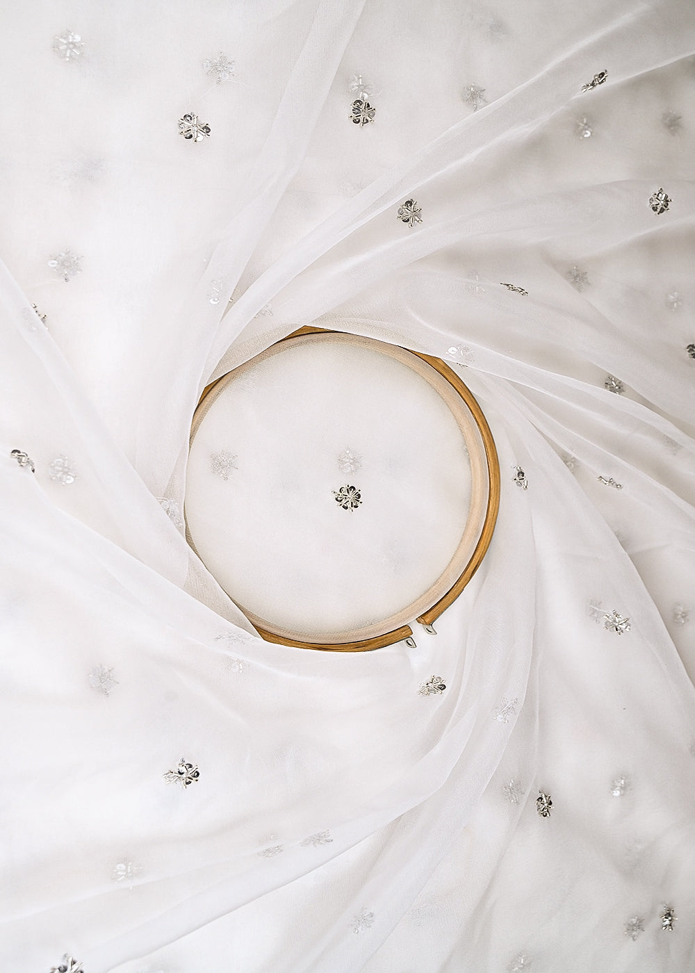 White Dyeable Organza Fabric With Allover Buti Of Silver Katdana, Bead And Sequins Work 21105