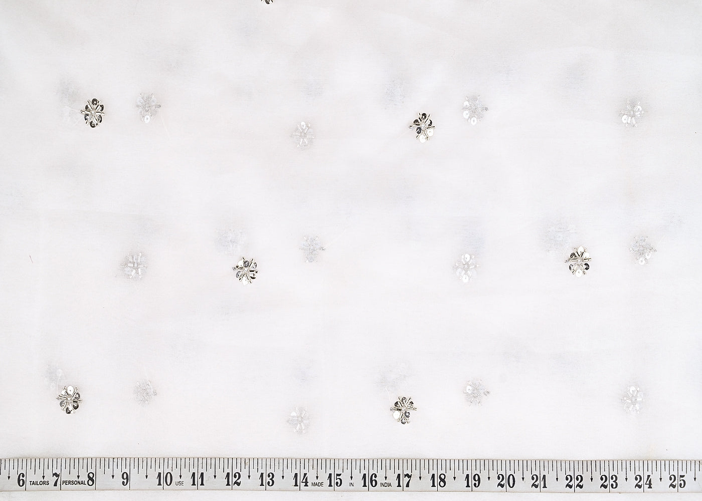 White Dyeable Organza Fabric With Allover Buti Of Silver Katdana, Bead And Sequins Work 21105