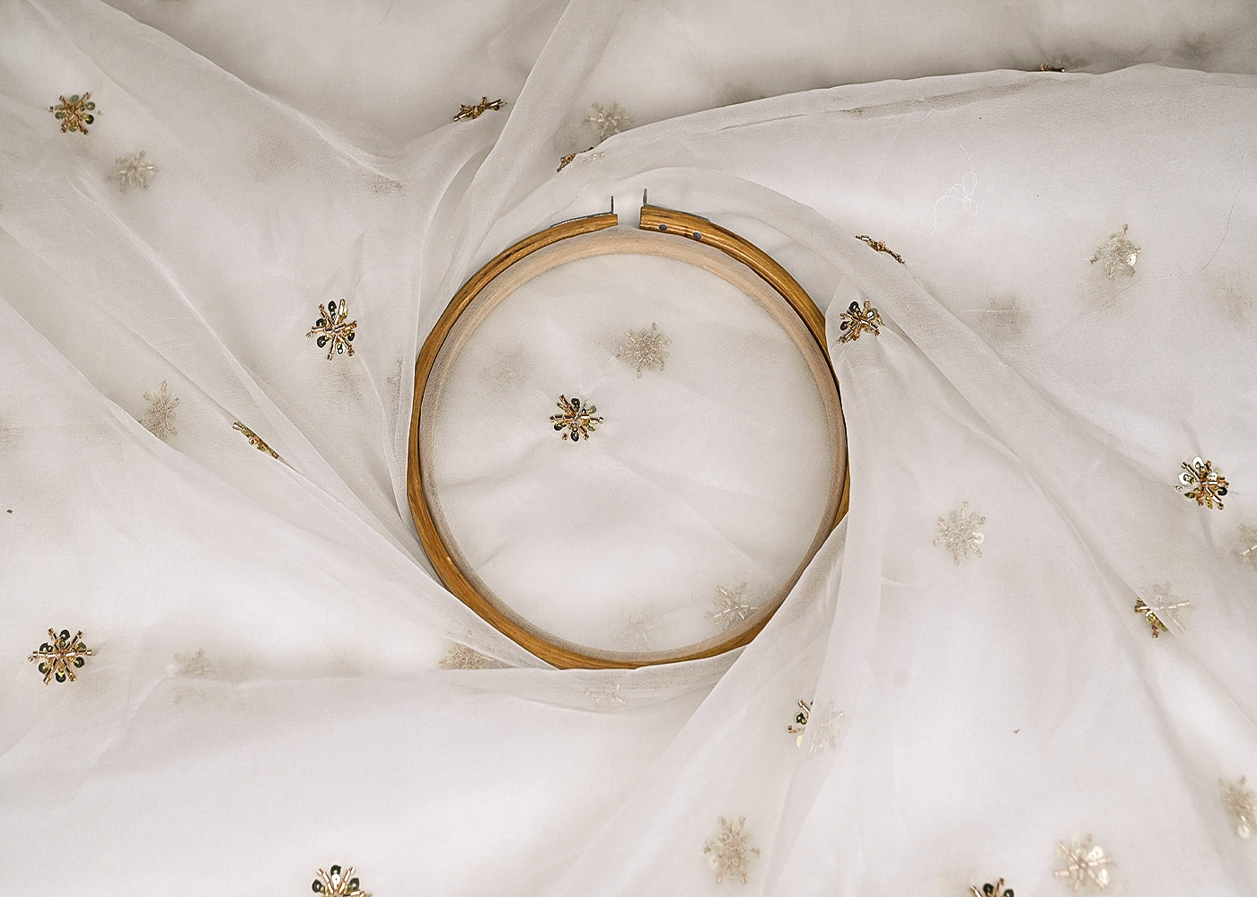 White Organza Fabric With Allover Buti Of Golden Katdana, Bead And Sequins Work 21106