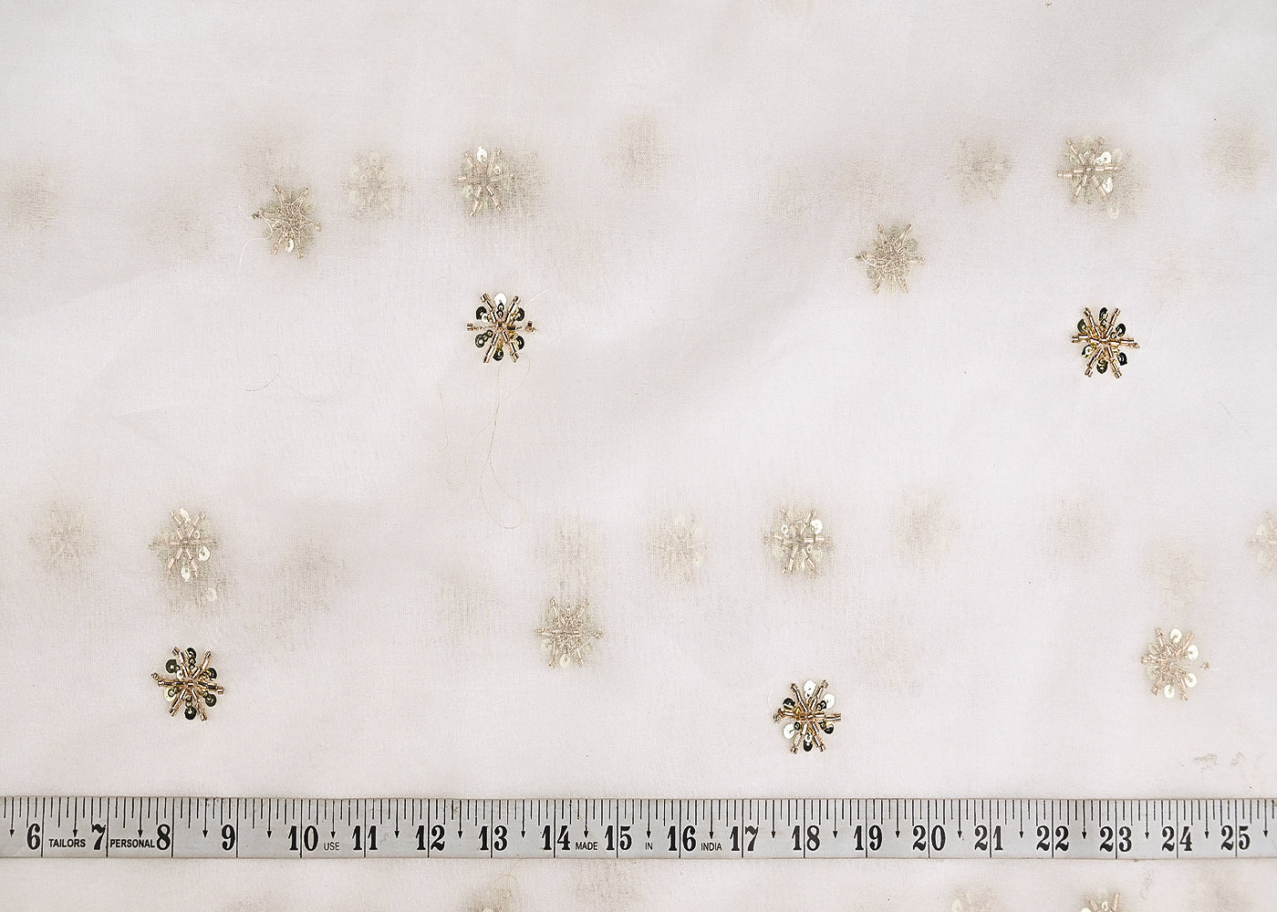White Dyeable Organza Fabric With Allover Buti Of Golden Katdana, Bead And Sequins Work 21106