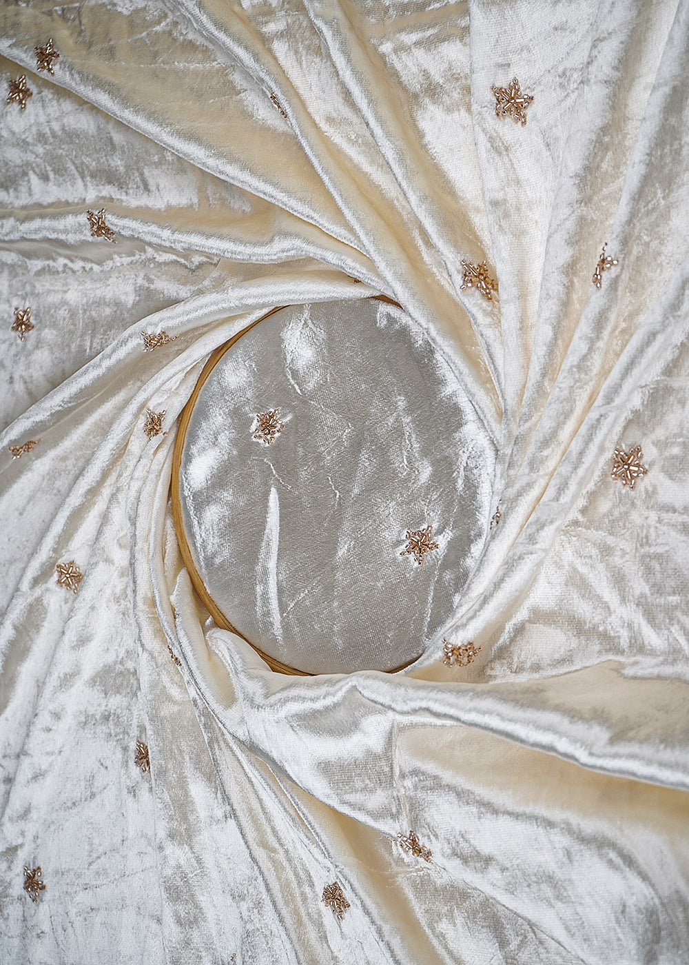 White Velvet Fabric With All Over Buti of Katdana And Bead Work 21107