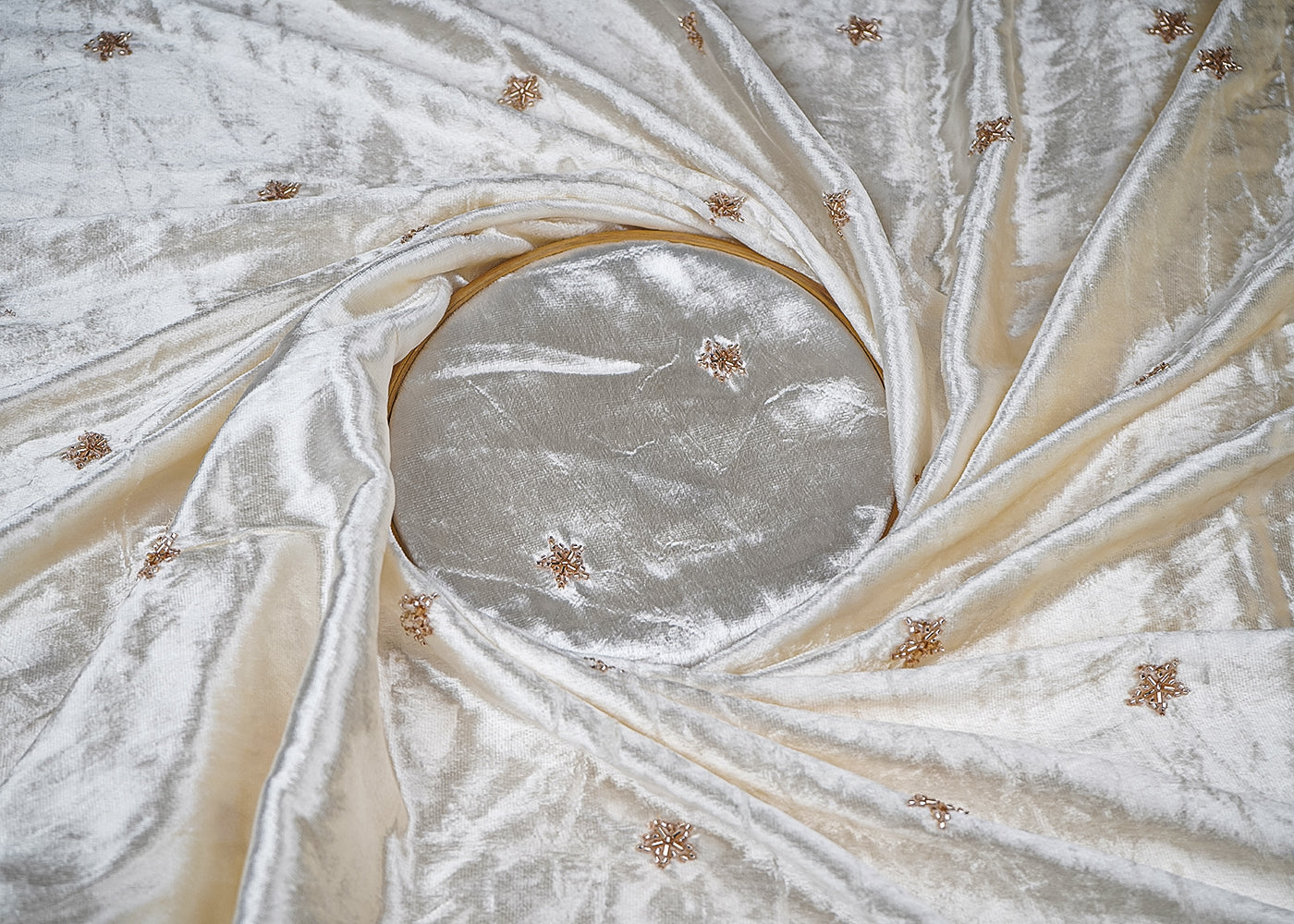 White Velvet Fabric With All Over Buti of Katdana And Bead Work 21107