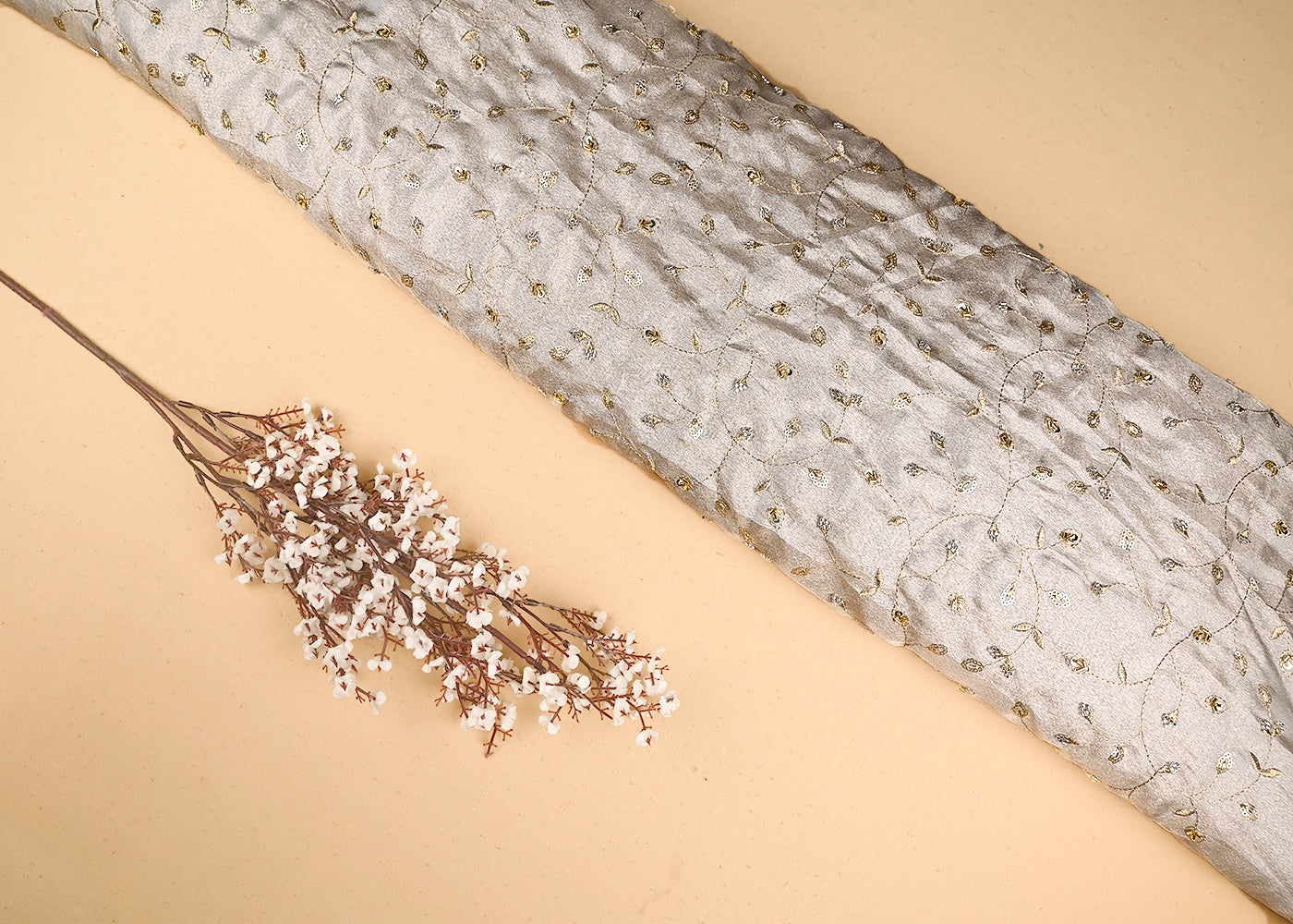 Light Golden Light Golden Tissue Fabric With All Over Sequins, Katdana And Bead Work 21110