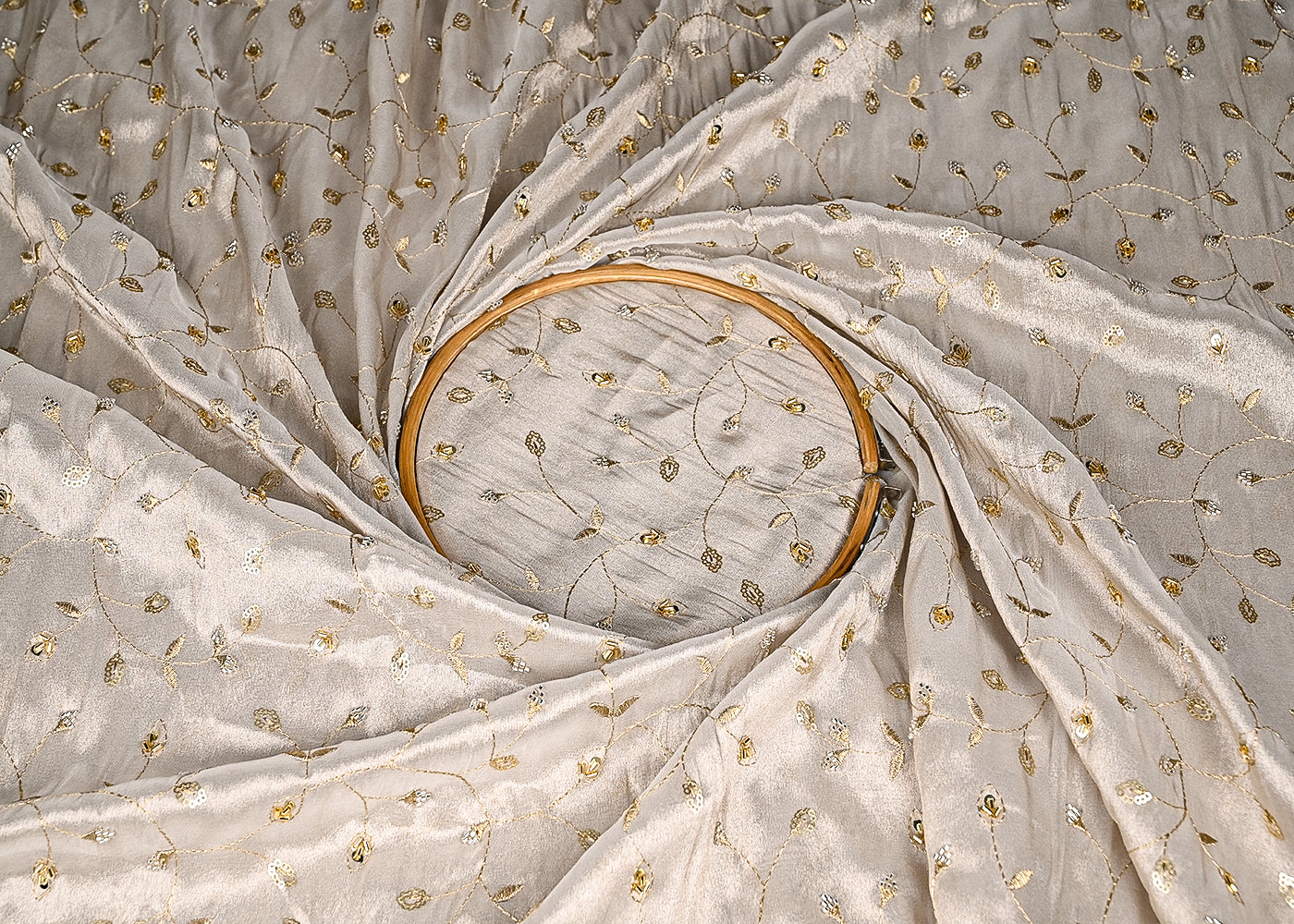 Light Golden Light Golden Tissue Fabric With All Over Sequins, Katdana And Bead Work 21110