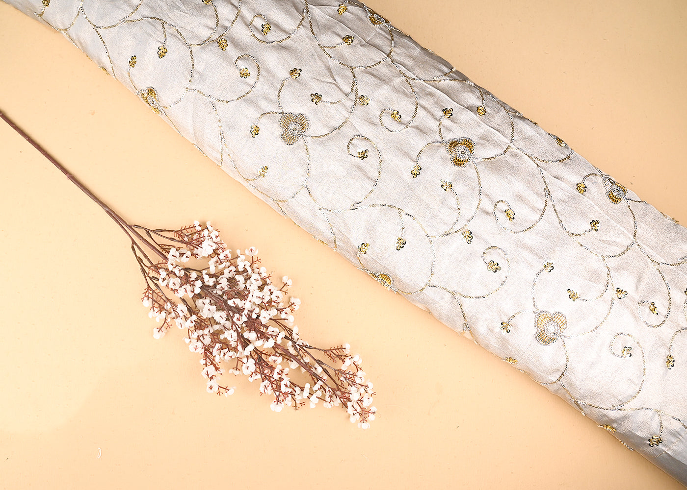 Light Golden Tissue Fabric With All Over Sequins, Katdana And Bead Work 21111