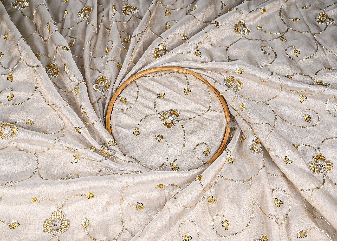 Light Golden Tissue Fabric With All Over Sequins, Katdana And Bead Work 21111