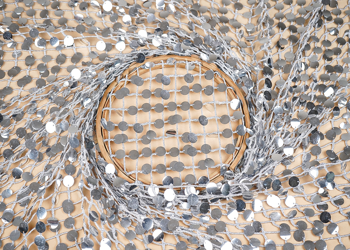 Silver Imported Laser Cutwork Net Fabric With All Over Zari And Faux Mirror Work 21115