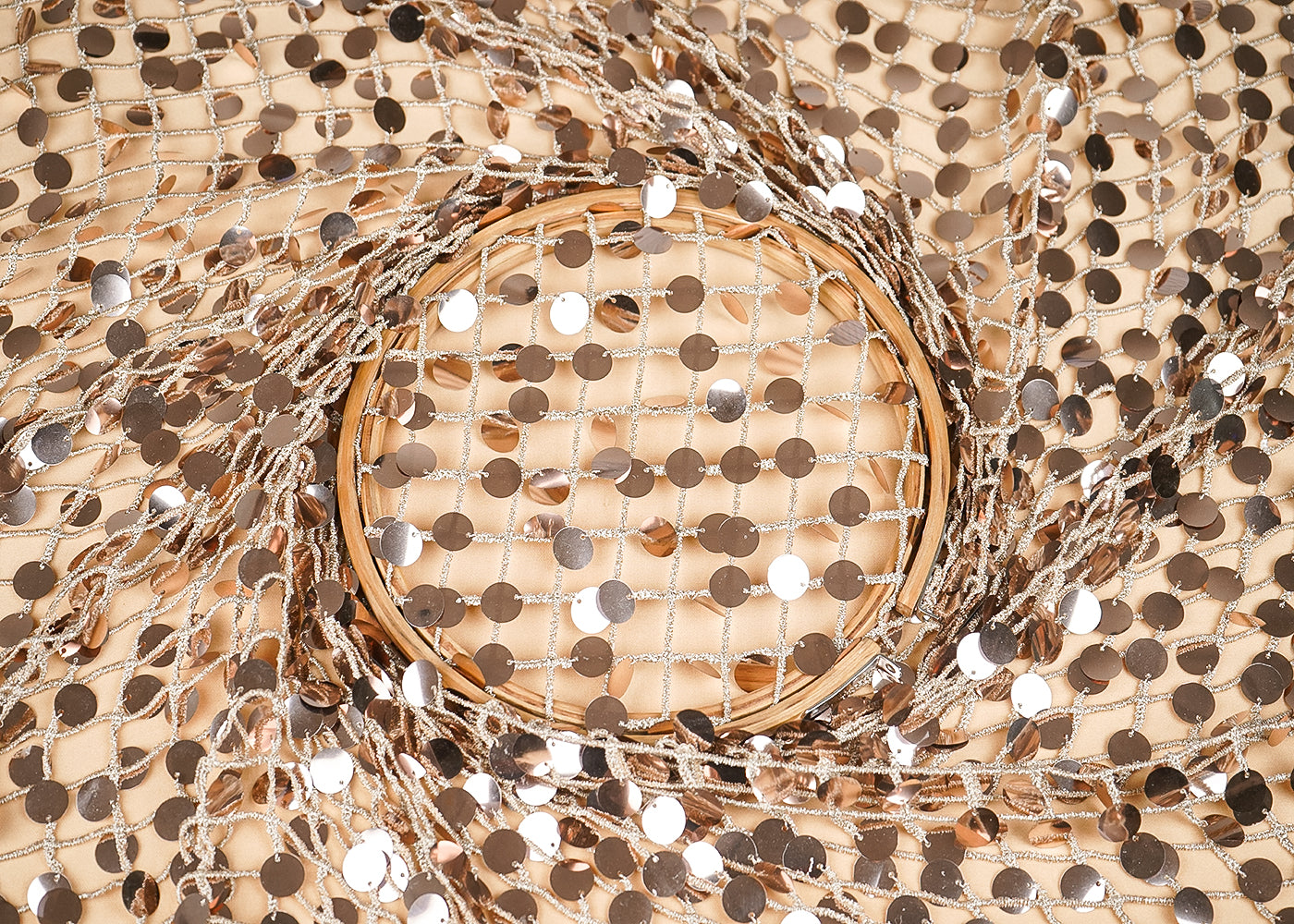 Rose Gold Imported Laser Cutwork Net Fabric With All Over Zari And Faux Mirror Work 21118