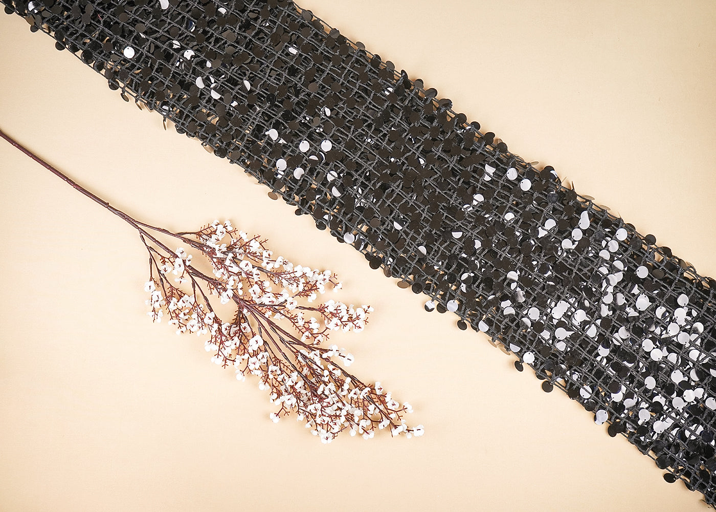 Black Imported Laser Cutwork Net Fabric With All Over Zari And Faux Mirror Work 21119