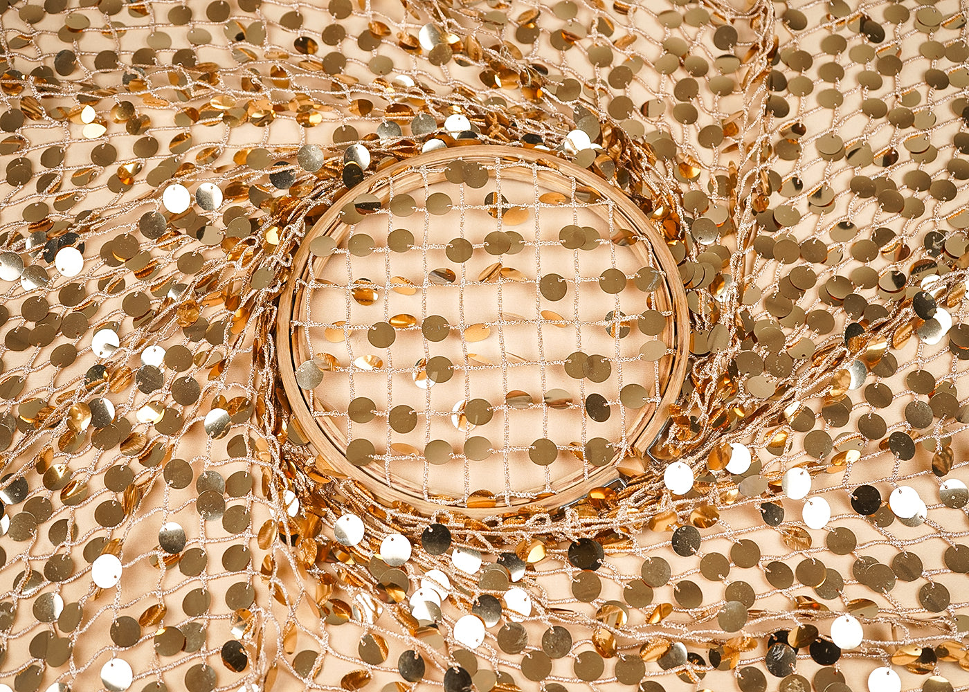 Golden Imported Laser Cutwork Net Fabric With All Over Zari And Faux Mirror Work 21120