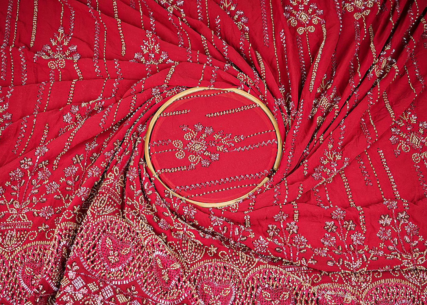 Maroon Georgette Fabric With Allover Sequins, Katdana And Bead Work With Heavy Border 21122