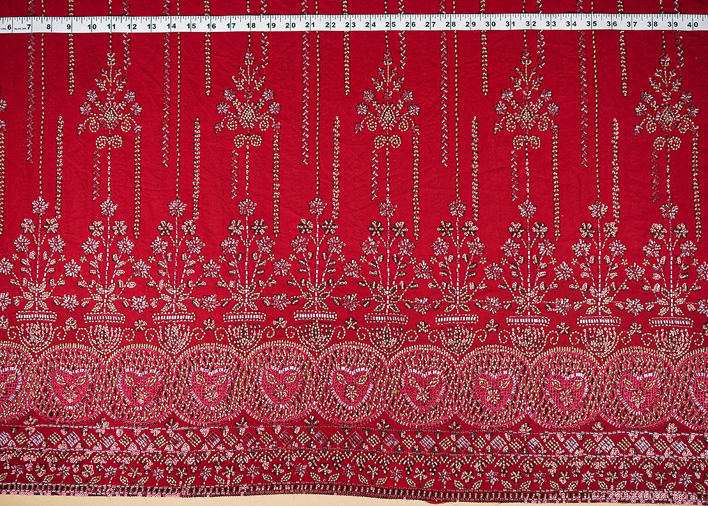 Maroon Georgette Fabric With Allover Sequins, Katdana And Bead Work With Heavy Border 21122