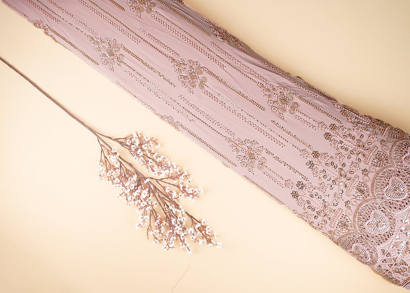 Powder Pink Georgette Fabric With Allover Sequins, Katdana And Bead Work With Heavy Border 21123