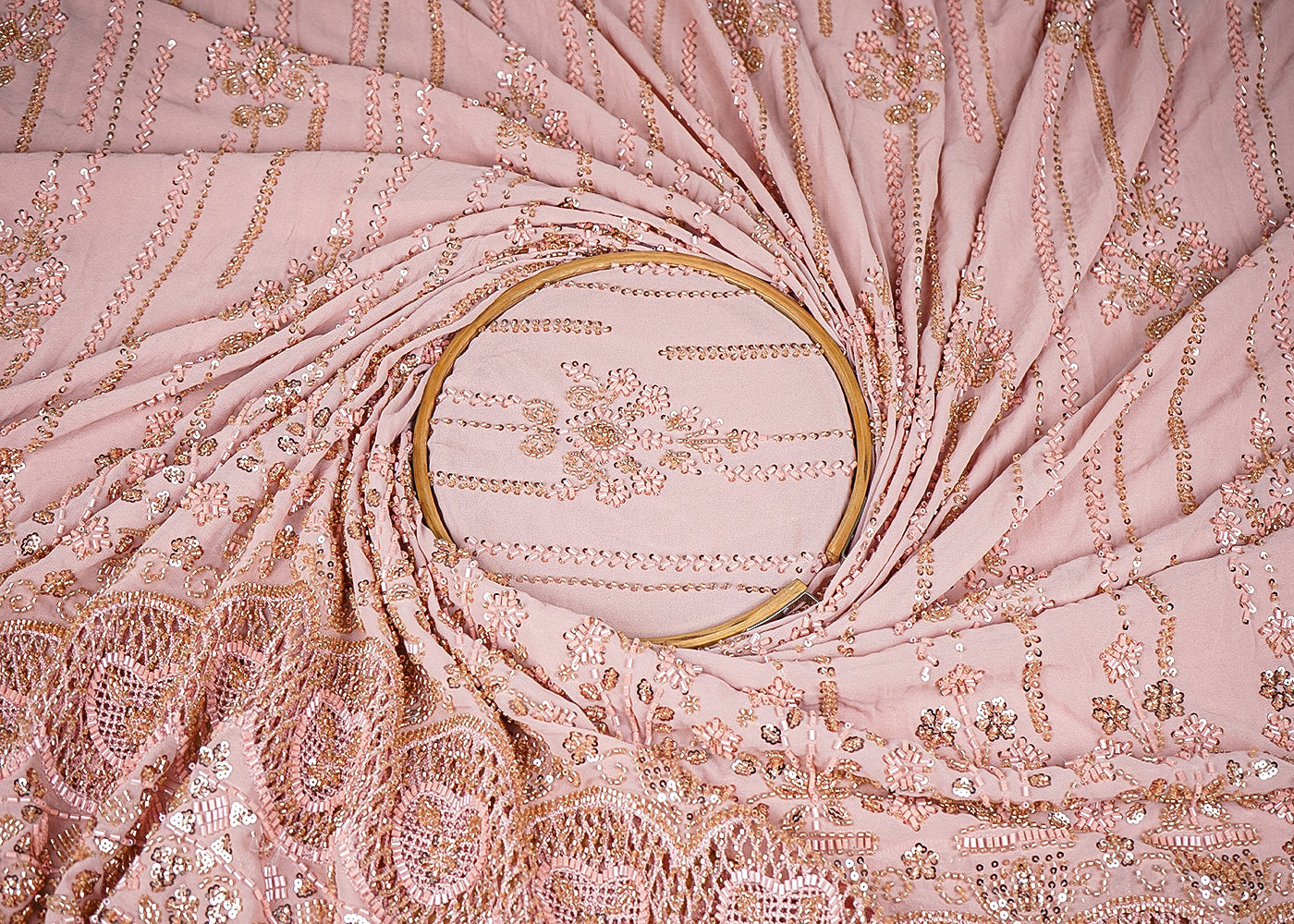 Powder Pink Georgette Fabric With Allover Sequins, Katdana And Bead Work With Heavy Border 21123