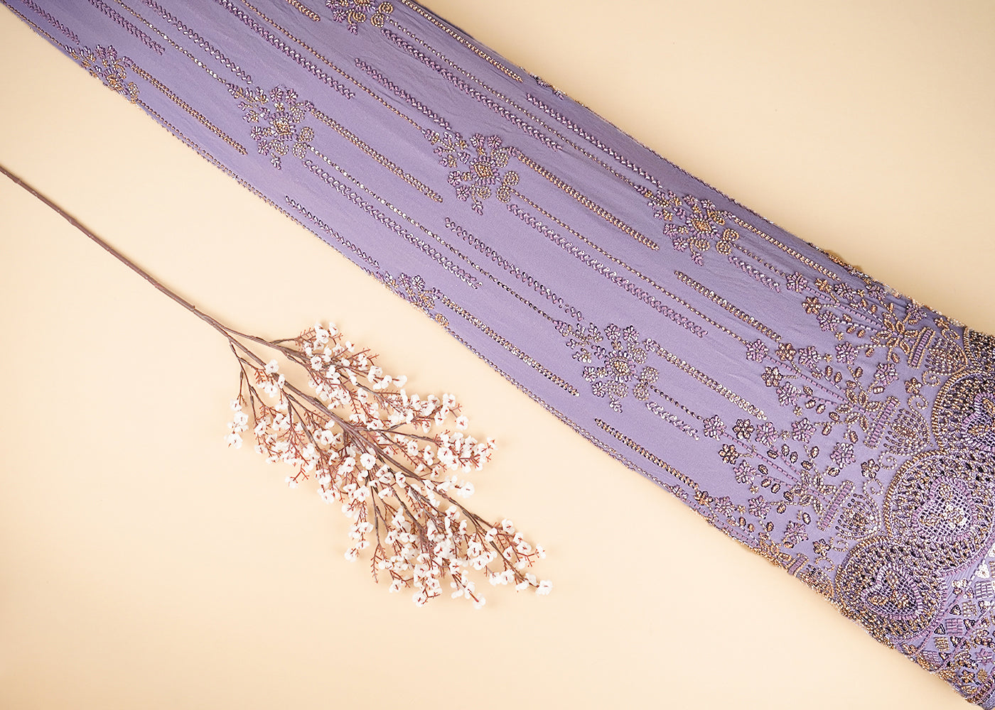 Lavender Georgette Fabric With Allover Sequins, Katdana And Bead Work With Heavy Border 21124