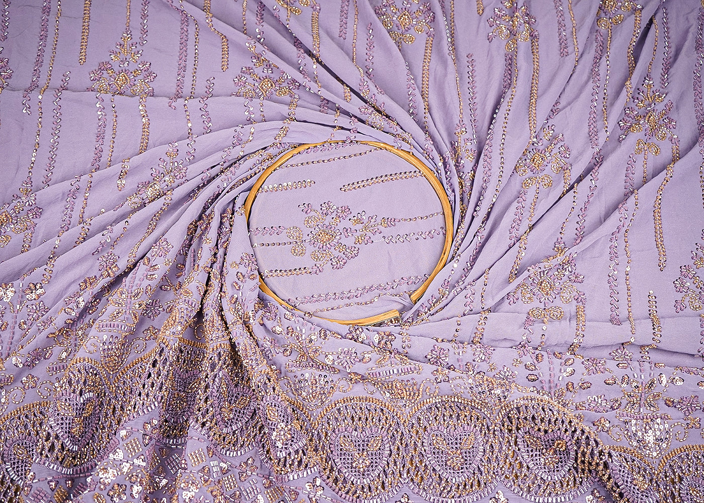 Lavender Georgette Fabric With Allover Sequins, Katdana And Bead Work With Heavy Border 21124