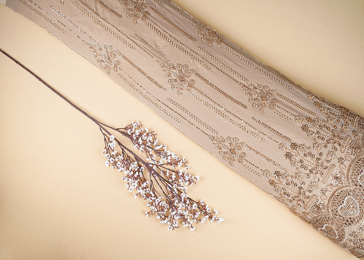 Beige Georgette Fabric With Allover Sequins, Katdana And Bead Work With Heavy Border 21125