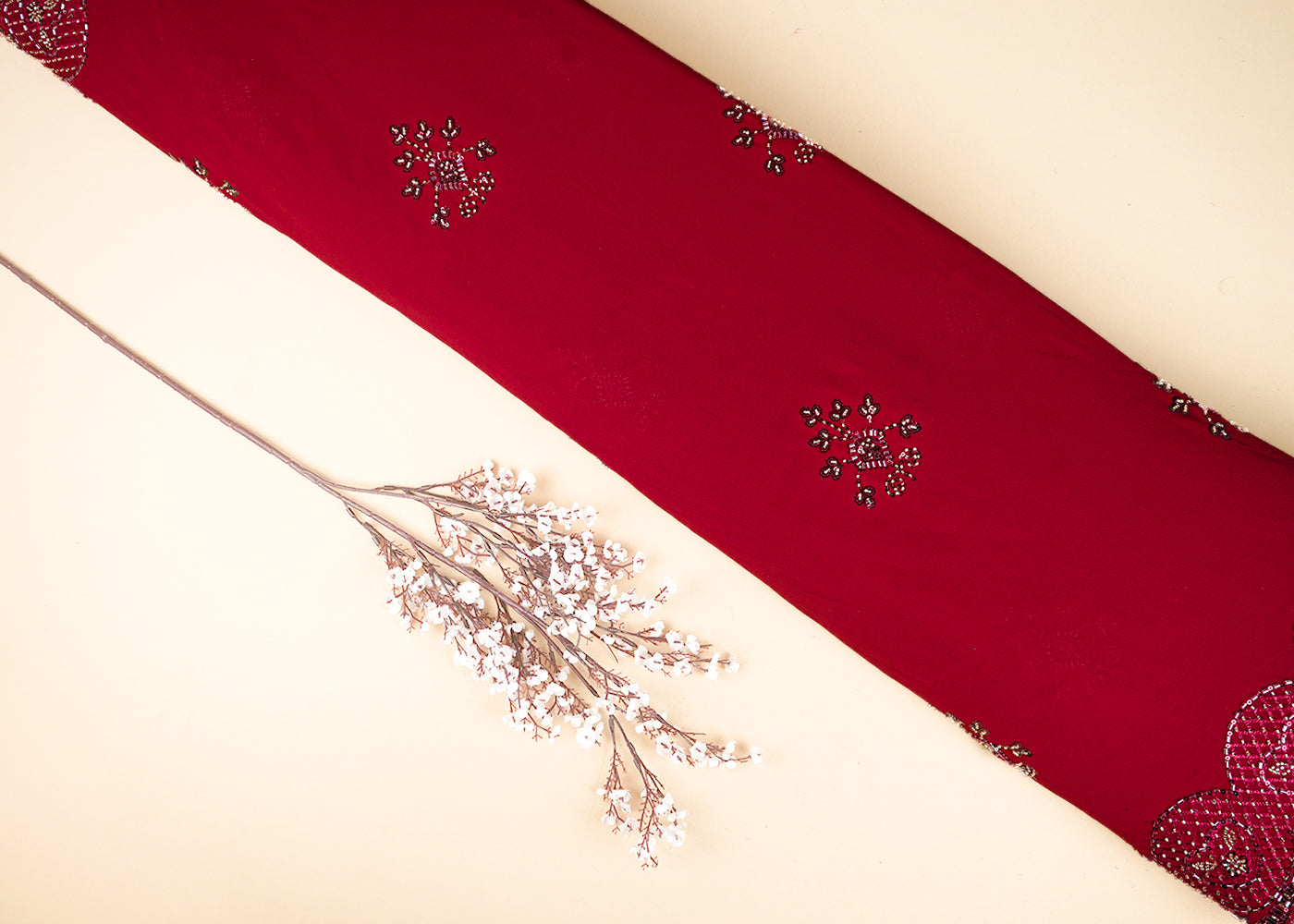 Maroon Georgette Fabric With Allover Sequins, Katdana And Bead Work With Two Side Border 21126