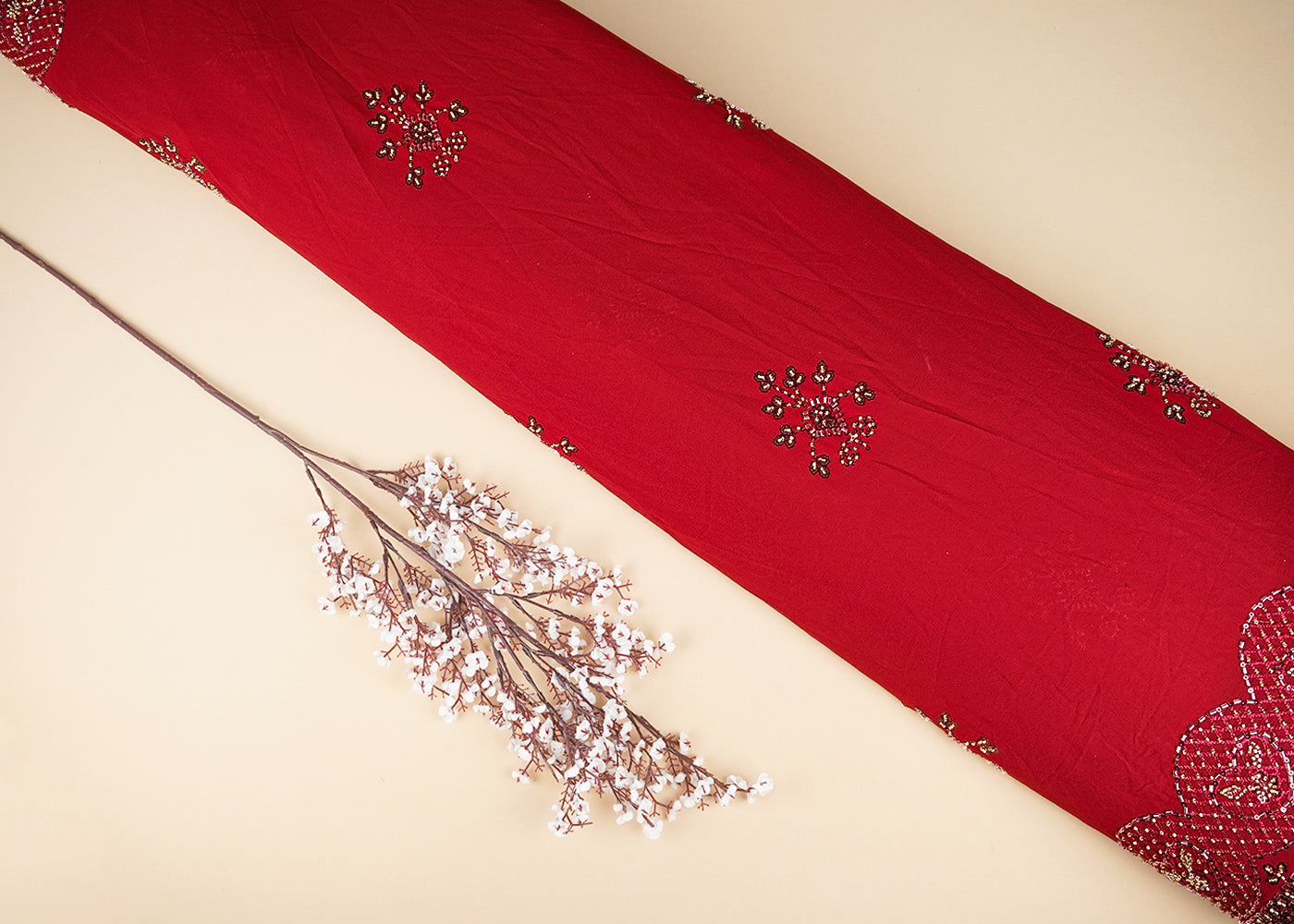 Maroon Georgette Fabric With Allover Sequins, Katdana And Bead Work With Two Side Border 21126