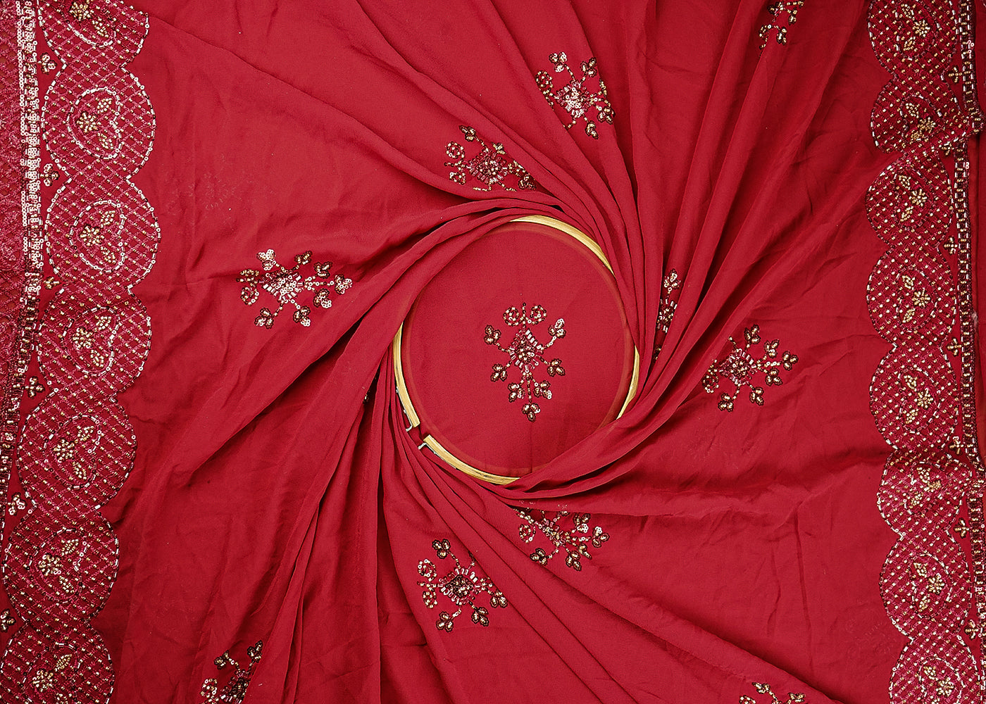 Maroon Georgette Fabric With Allover Sequins, Katdana And Bead Work With Two Side Border 21126