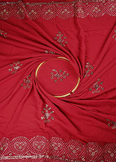 Maroon Georgette Fabric With Allover Sequins, Katdana And Bead Work With Two Side Border 21126