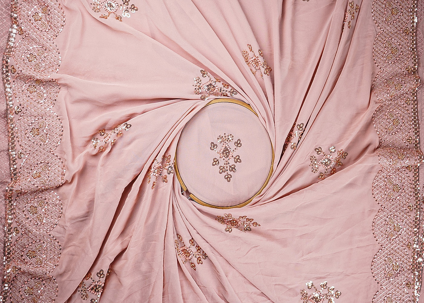 Powder Pink Georgette Fabric With Allover Sequins, Katdana And Bead Work With Two Side Border 21127