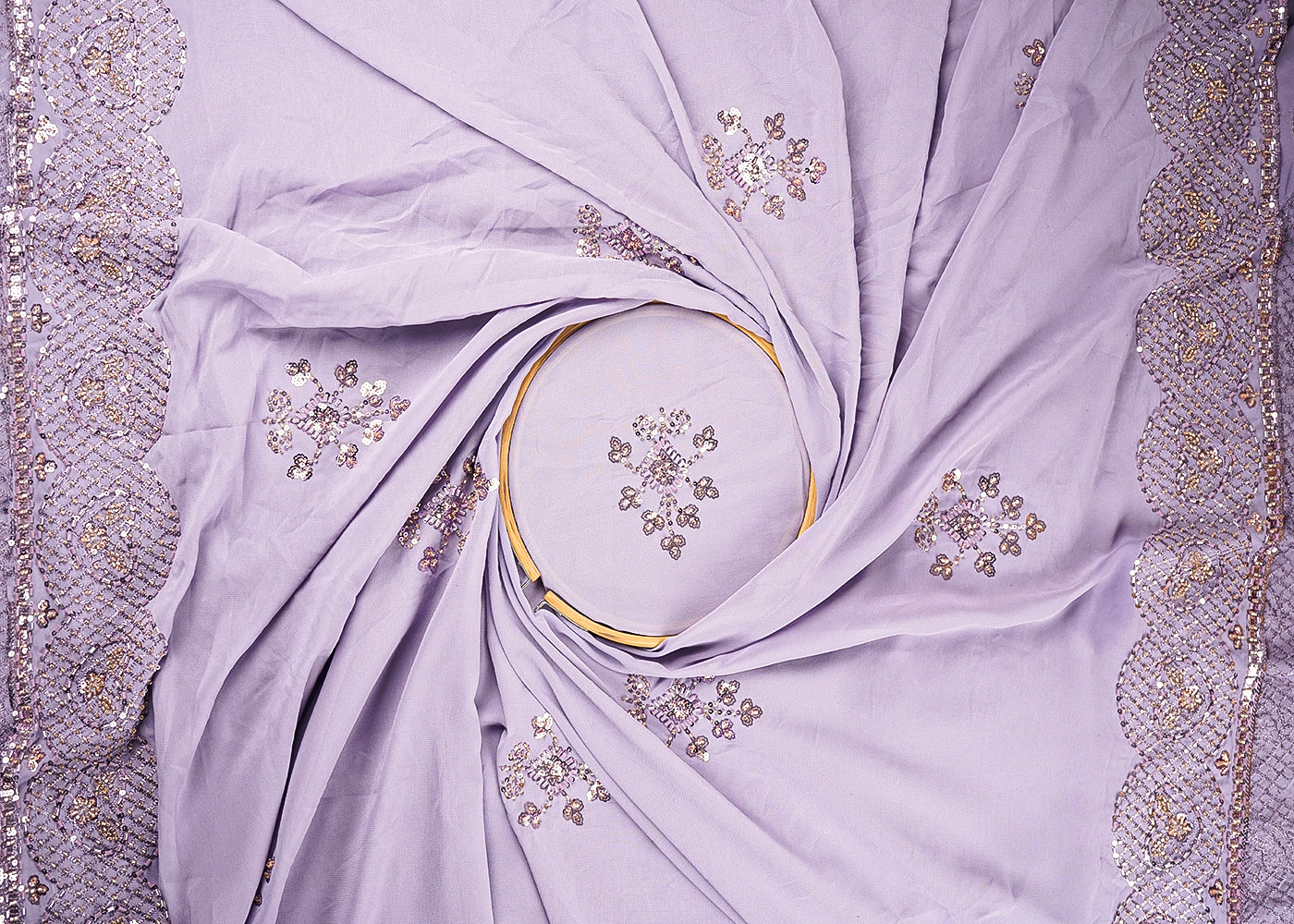 Lavender Georgette Fabric With Allover Sequins, Katdana And Bead Work With Two Side Border 21128