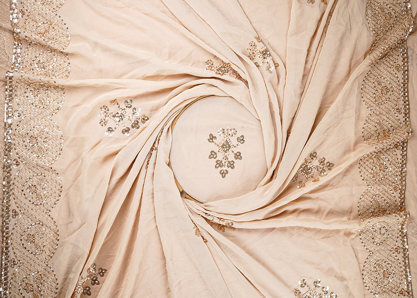 Beige Georgette Fabric With Allover Sequins, Katdana And Bead Work With Two Side Border 21129