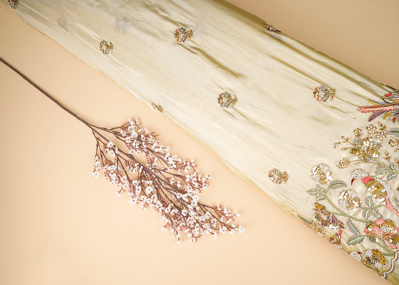 Golden Tissue Fabric With Allover Bead, Katdana, Zari, Thread And Sequins Work With One Side Border 21132