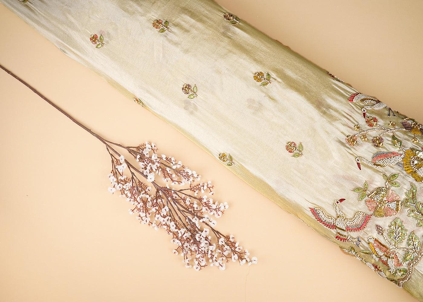 Golden Tissue Fabric With Allover Bead, Katdana, Zari, Thread And Sequins Work With One Side Border 21133