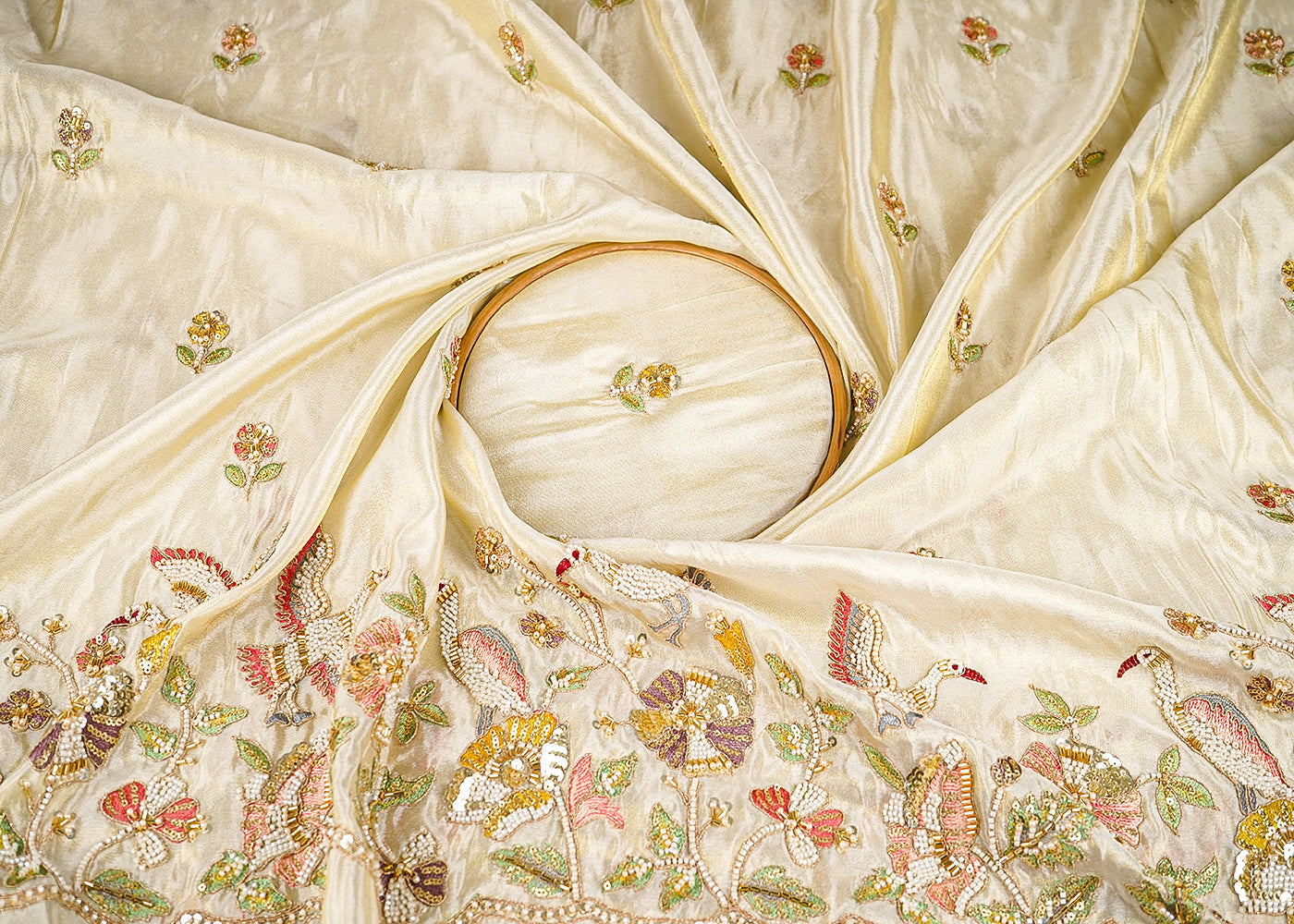 Golden Tissue Fabric With Allover Bead, Katdana, Zari, Thread And Sequins Work With One Side Border 21133