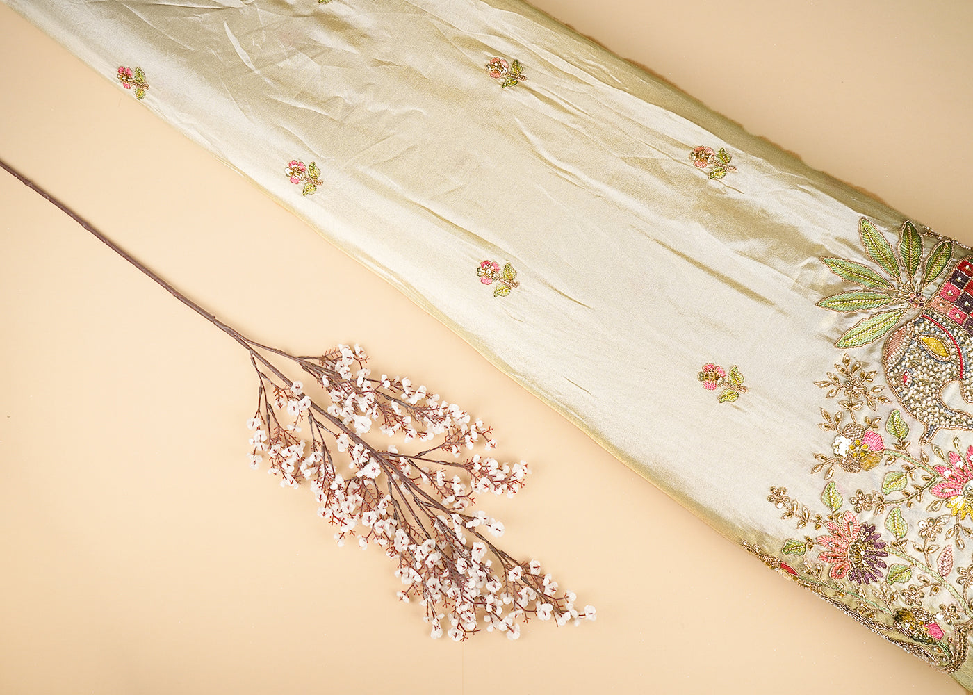 Golden Tissue Fabric With Allover Bead, Katdana, Zari, Thread And Sequins Work With One Side Border 21134