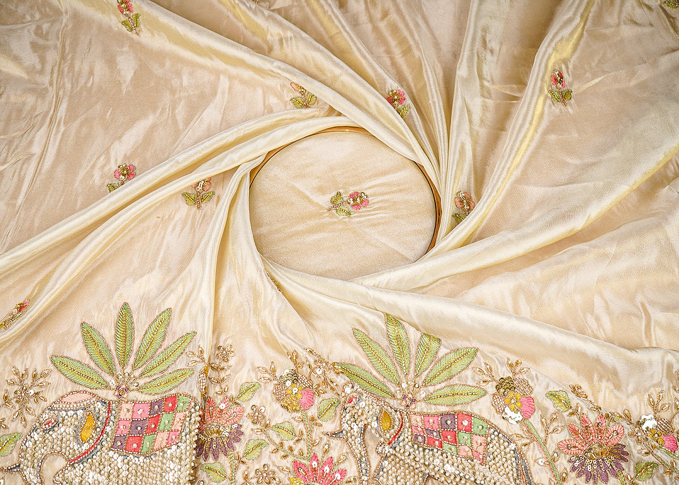 Golden Tissue Fabric With Allover Bead, Katdana, Zari, Thread And Sequins Work With One Side Border 21134