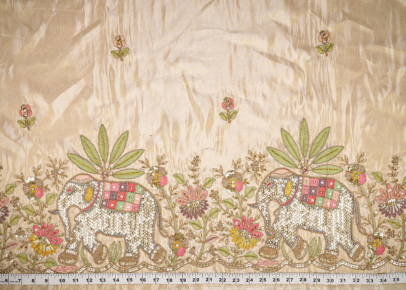 Golden Tissue Fabric With Allover Bead, Katdana, Zari, Thread And Sequins Work With One Side Border 21134