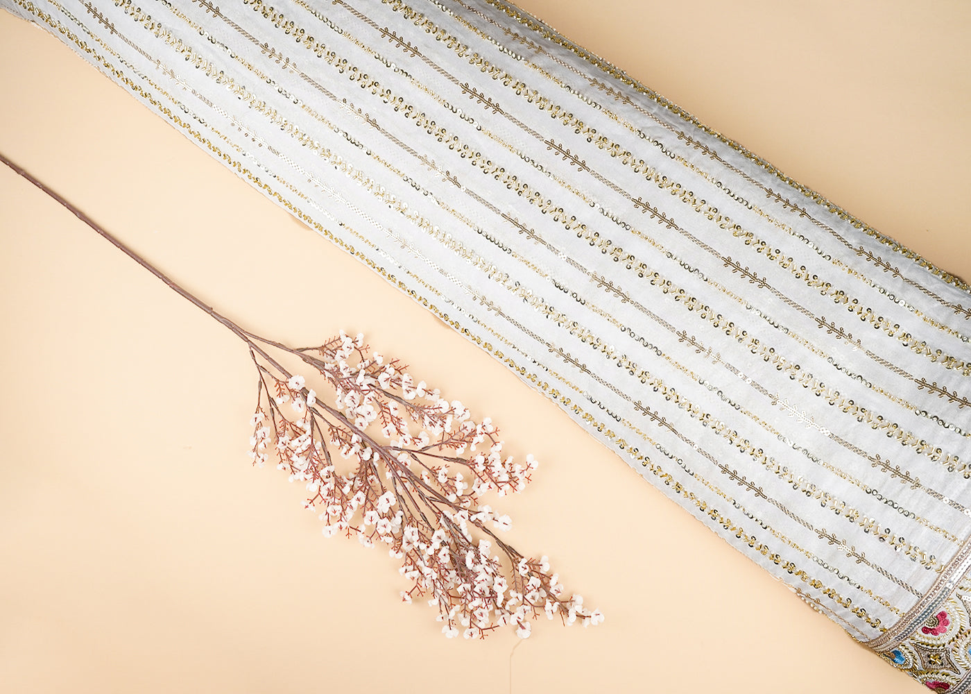 White Georgette Fabric With Allover Sequins, Katdana And Bead Work With Heavy Border 21136