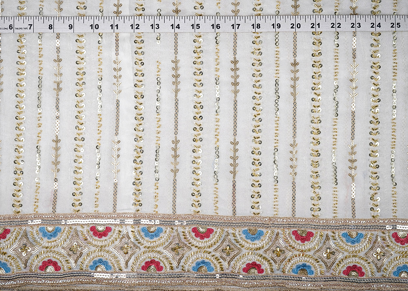 White Georgette Fabric With Allover Sequins, Katdana And Bead Work With Heavy Border 21136