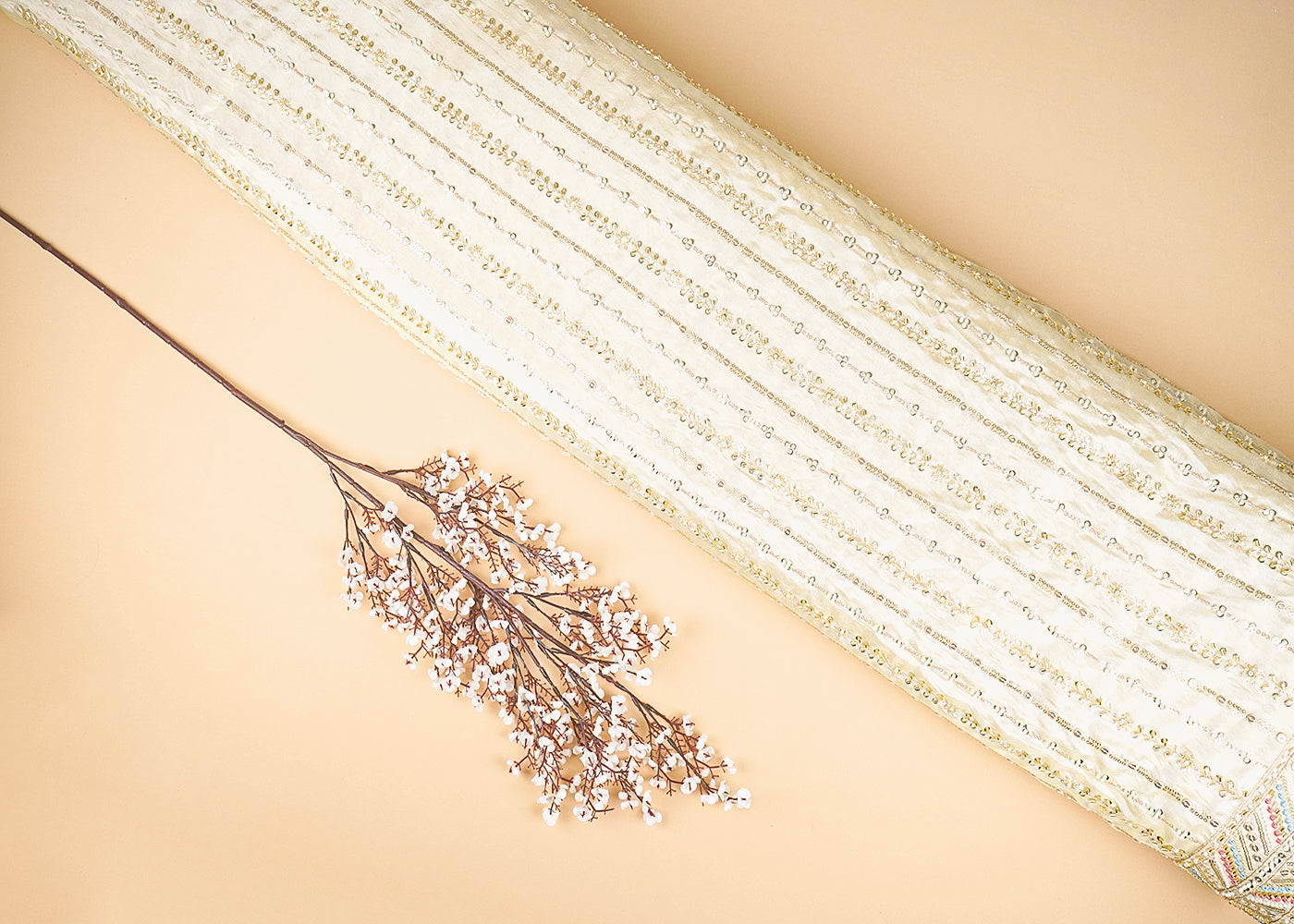 Golden Tissue Fabric With Allover Sequins, Katdana And Bead Work With One Side Border 21138