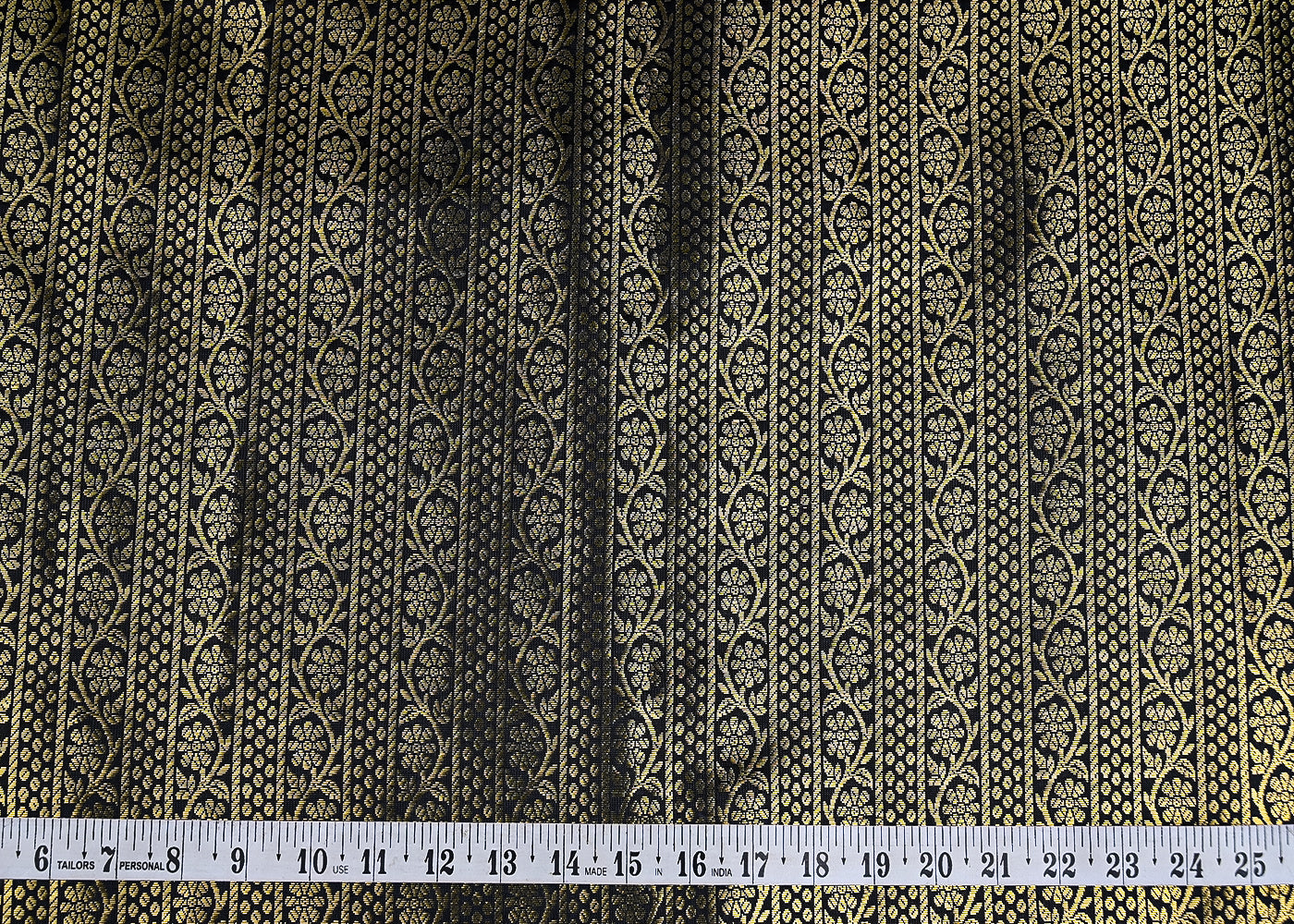 Black Banarasi Brocade Fabric With Allover Golden Zari Handloom 21151