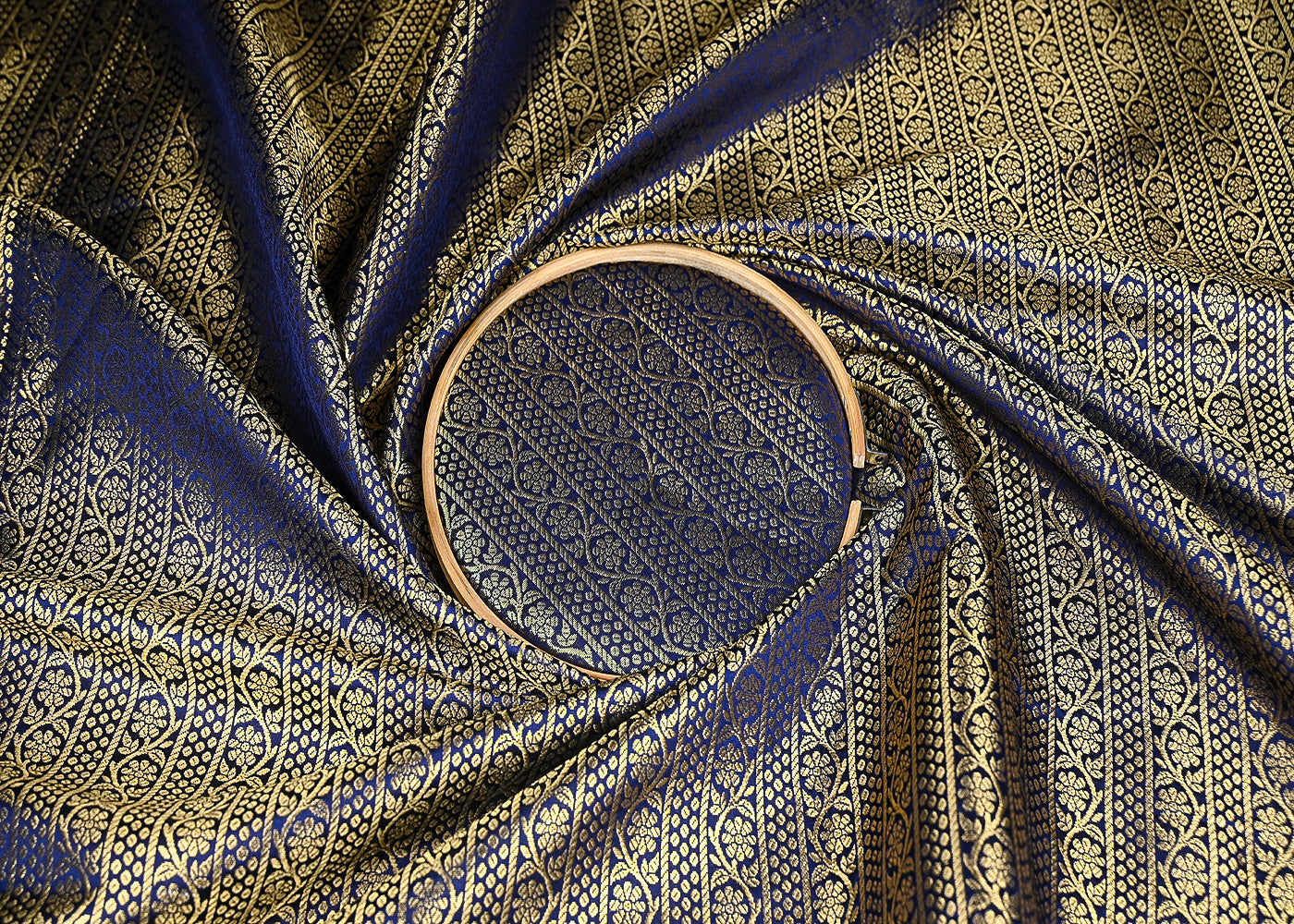 Navy-Blue-Banarasi-Brocade-Fabric-With-Allover-Golden-Zari-Handloom-21152-close-view