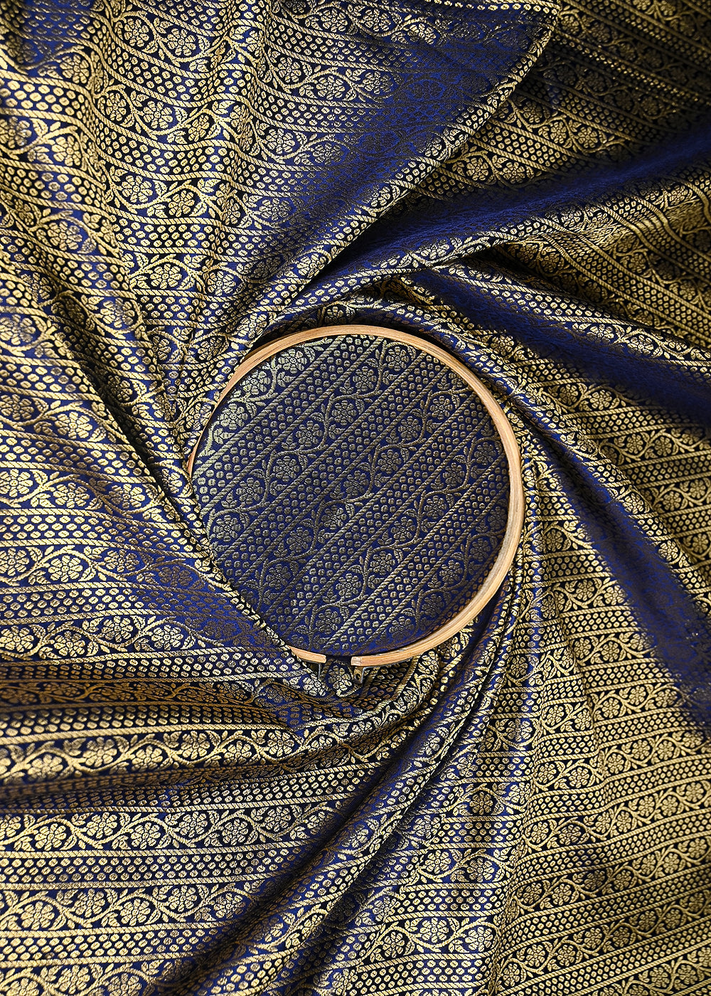 Navy-Blue-Banarasi-Brocade-Fabric-With-Allover-Golden-Zari-Handloom-21152-close-view