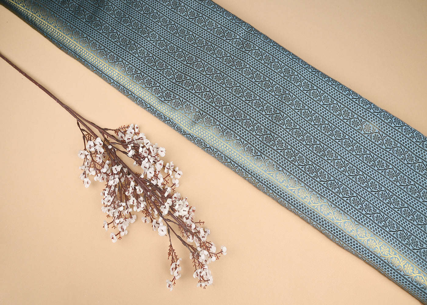 Light Grey Banarasi Brocade Fabric With Allover Golden Zari Handloom 21153