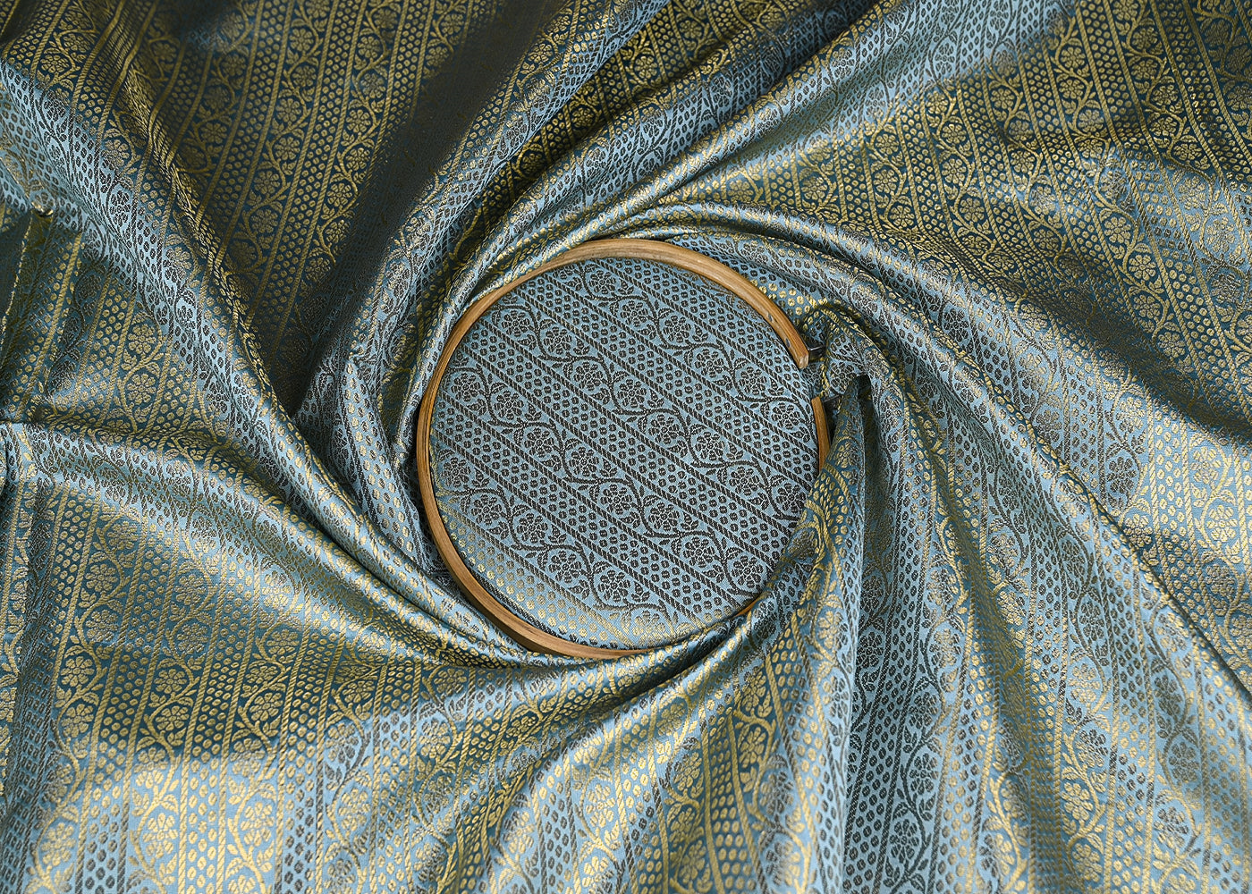 Light Grey Banarasi Brocade Fabric With Allover Golden Zari Handloom 21153
