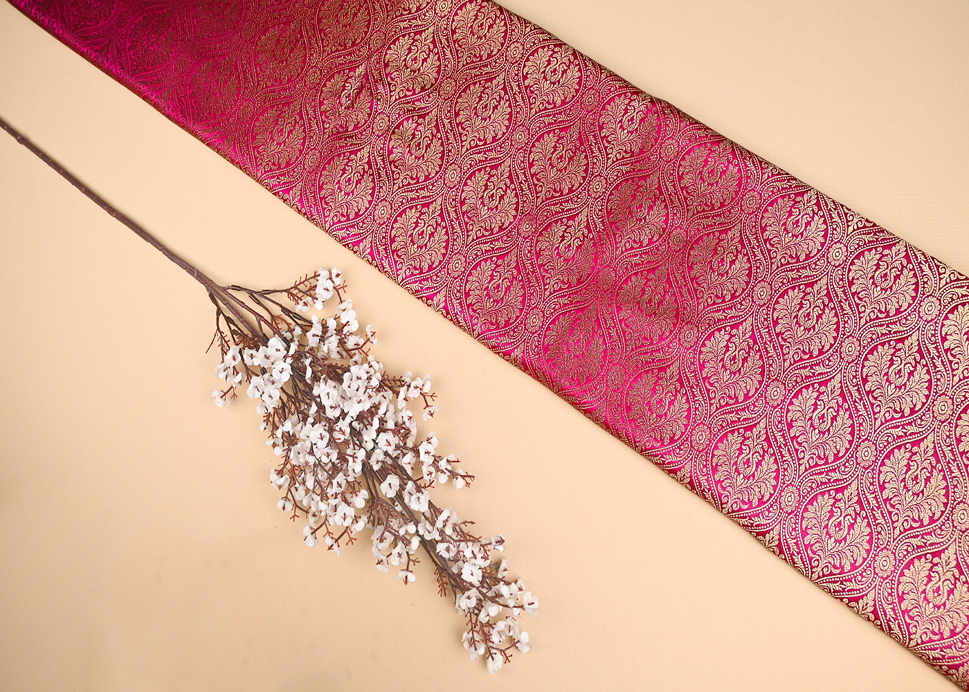 Rani Pink Banarasi Brocade Fabric With Allover Golden Zari Handloom 21156