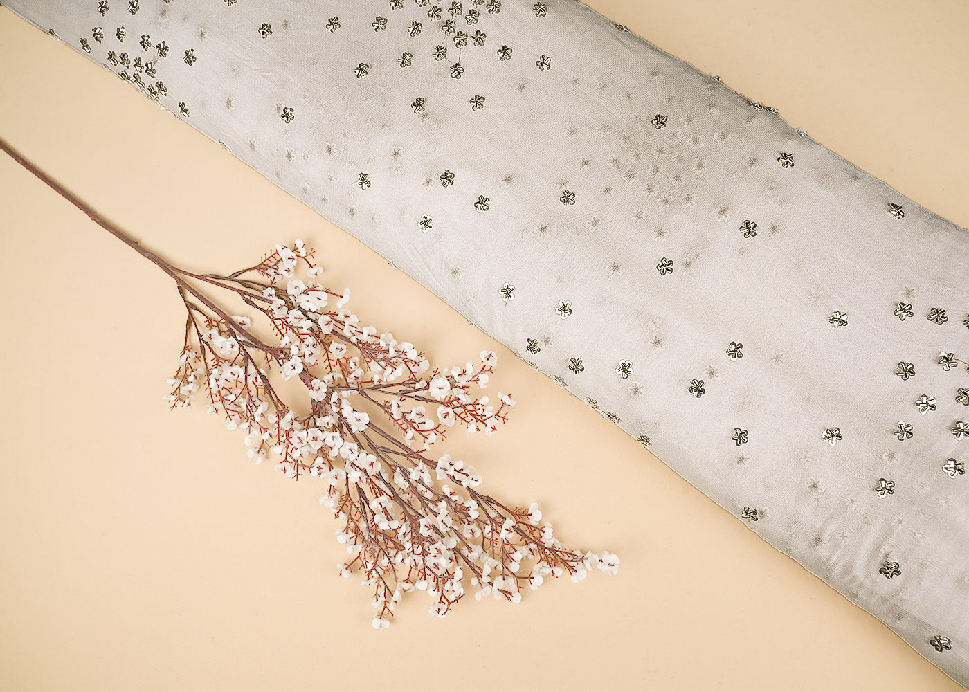 White Georgette Fabric With Allover Sequins, Katdana Work 21162