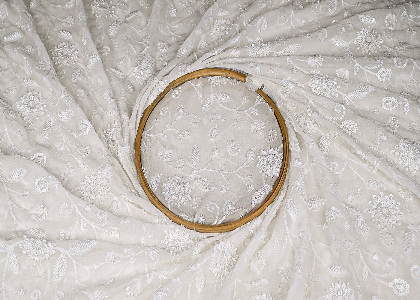 White Georgette Fabric With Allover Sequins, Katdana And Bead Work 21163