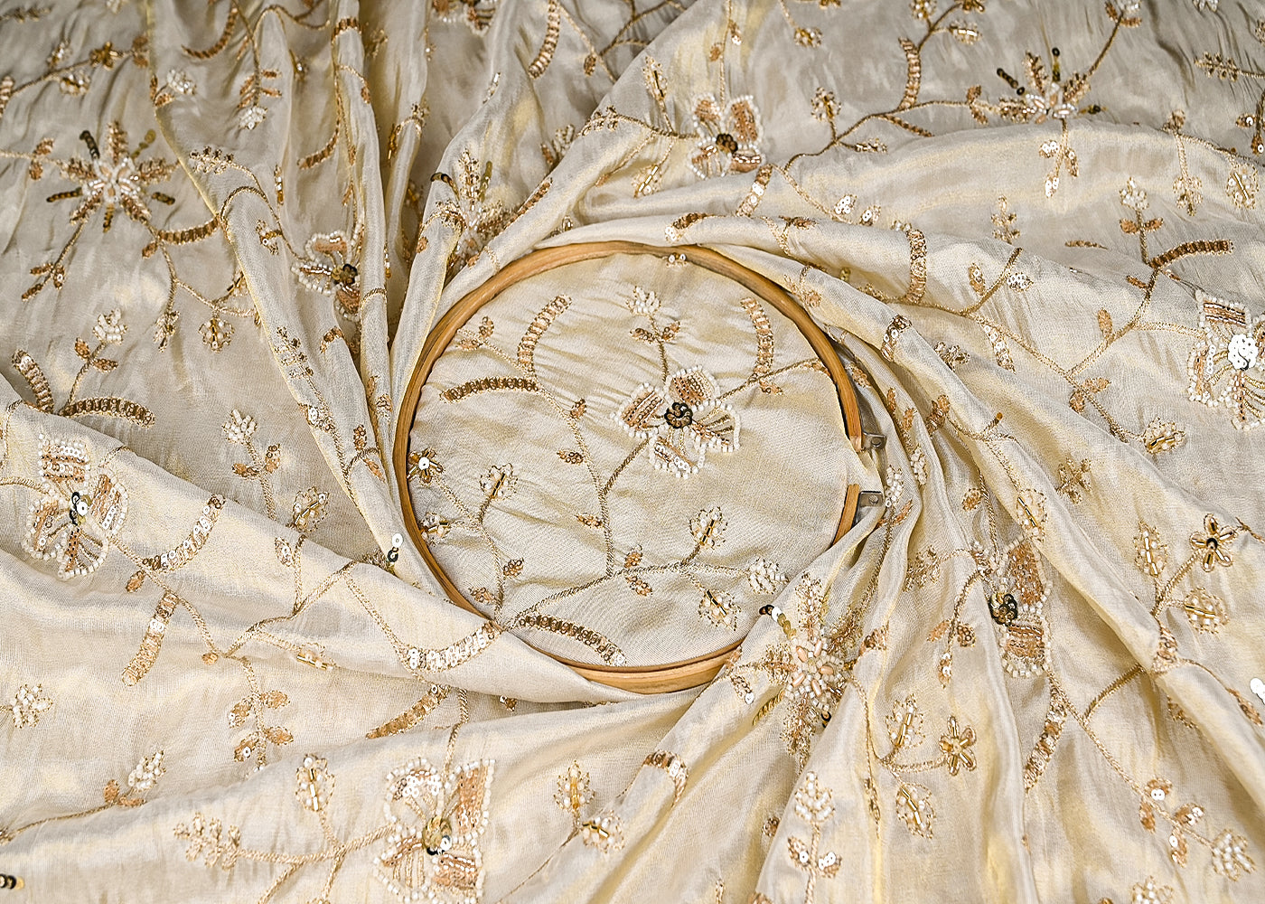 Golden Tissue Fabric With Allover Sequins, Zari, Katdana And Bead Work 21164