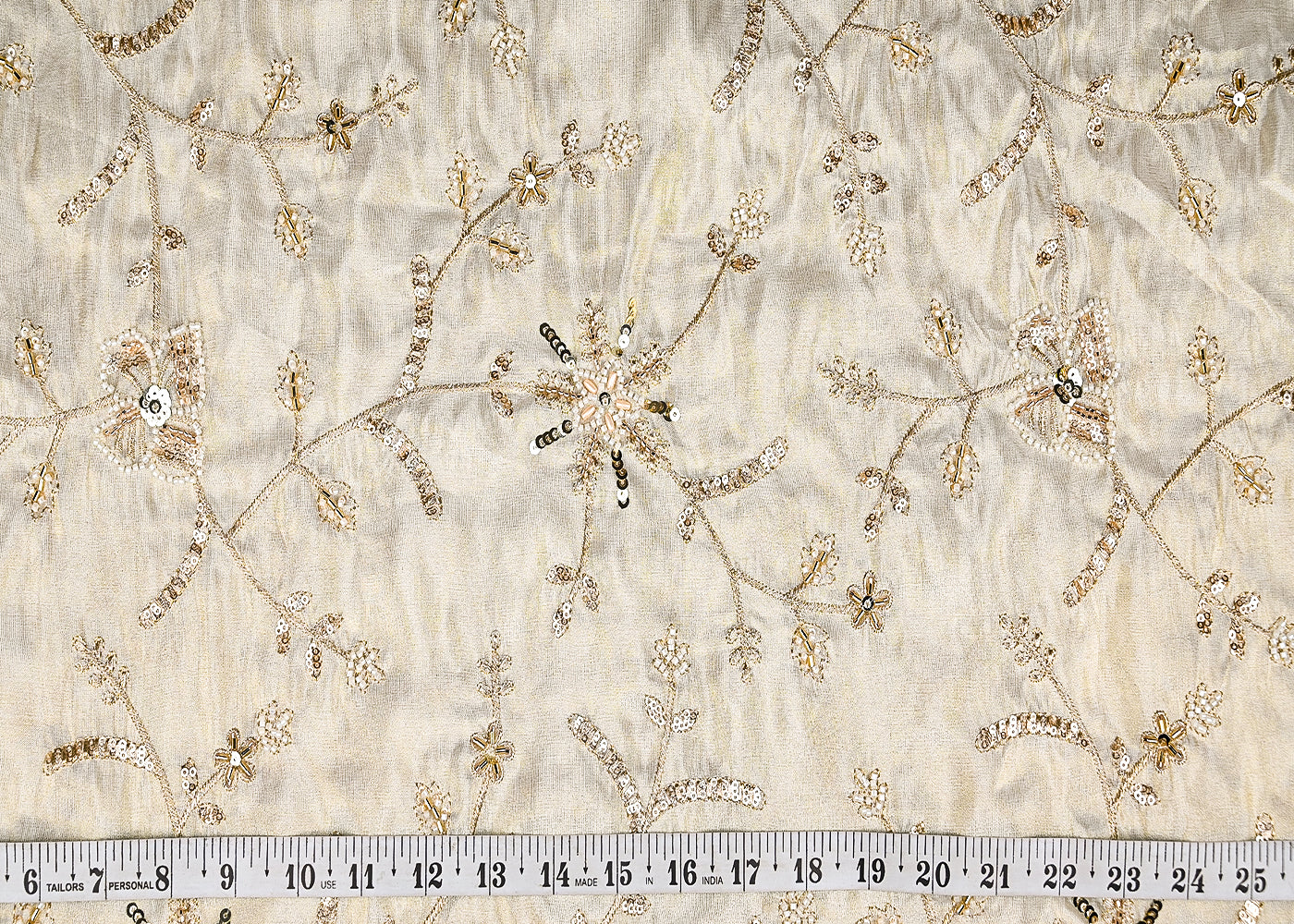 Golden Tissue Fabric With Allover Sequins, Zari, Katdana And Bead Work 21164