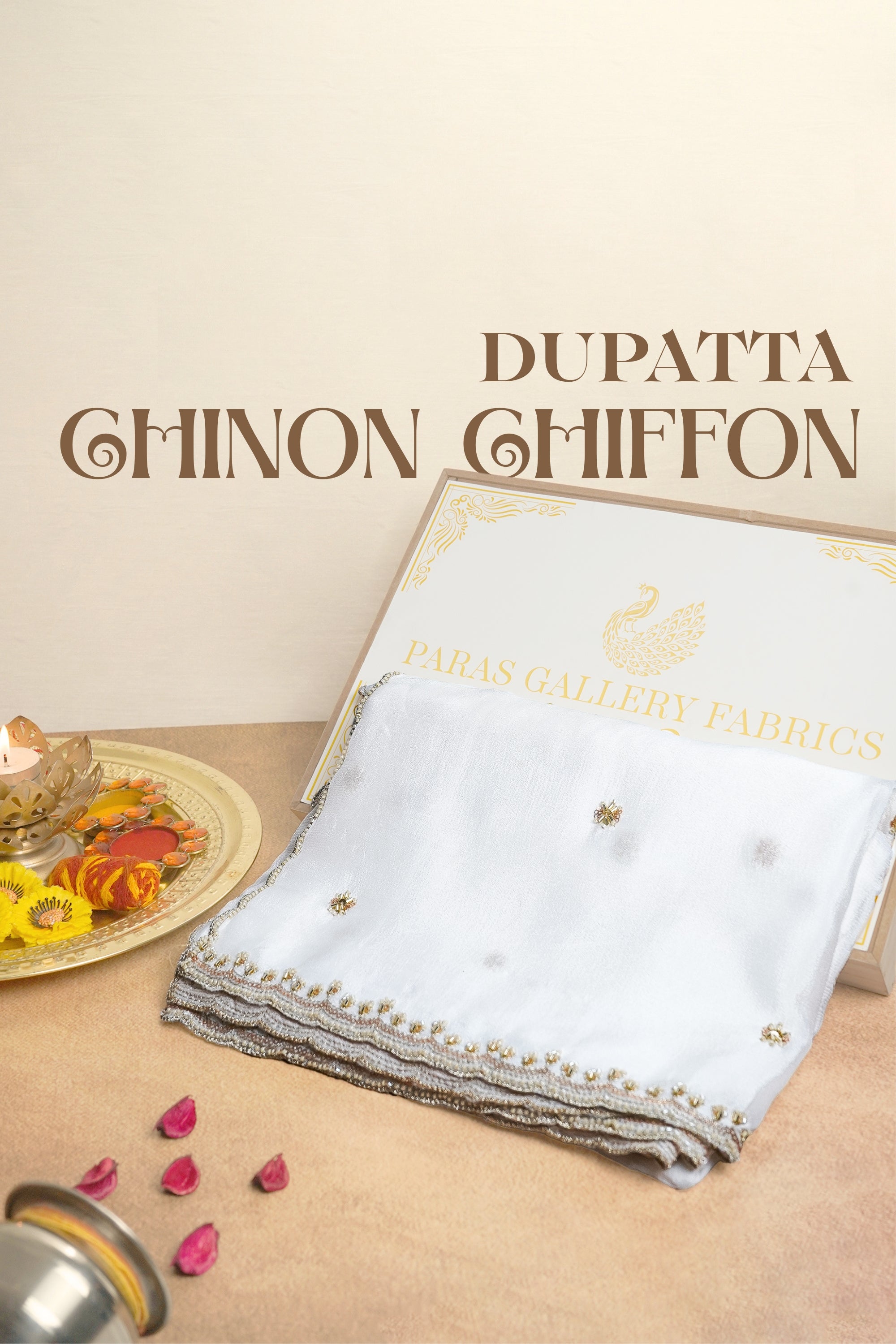 White Dyeable Chinon Chiffon Dupatta All Over Zari, Sequins And Katdana Work 21173