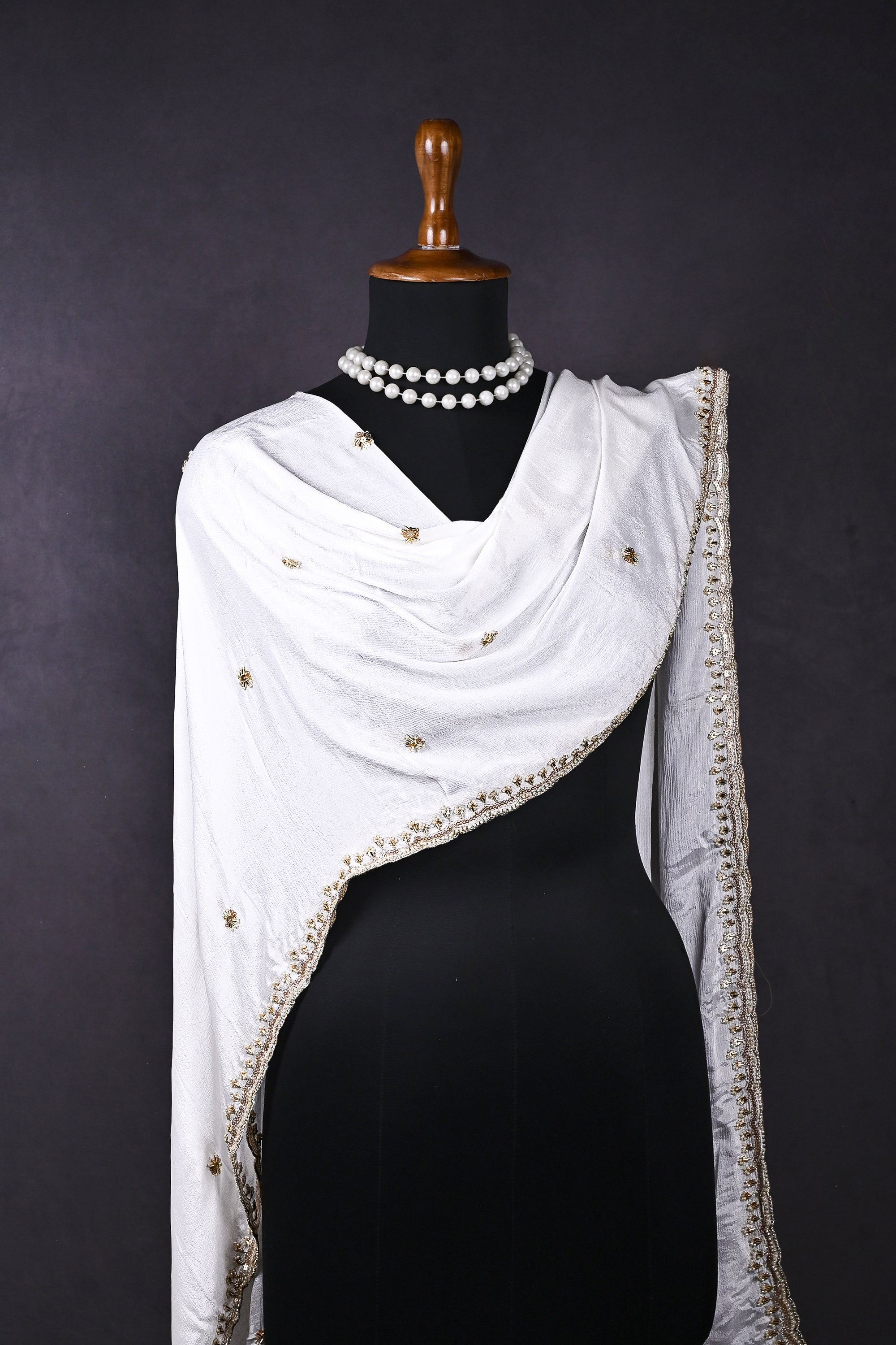 White Dyeable Chinon Chiffon Dupatta All Over Zari, Sequins And Katdana Work 21173